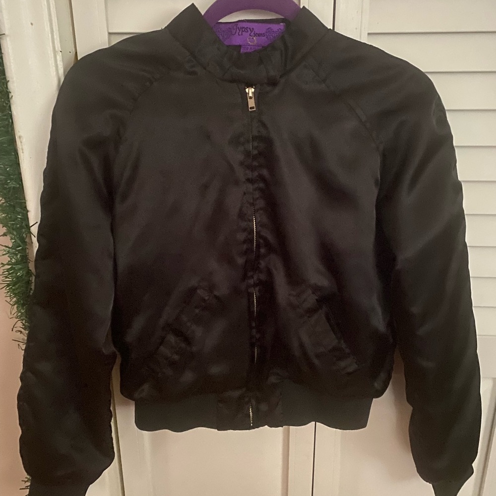 Black Bomber Puffer Jacket with Flower Embroidery